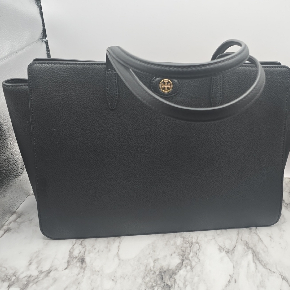 Tory Burch Black Pebbled Leather Tote with Gold Logo